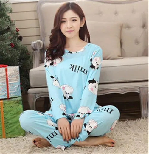 19 Colors Women Pajamas Suits Spring Autumn Cartoon Female Long-sleeve Pajama Pants Milk Silk Pajamas Suits tracksuit