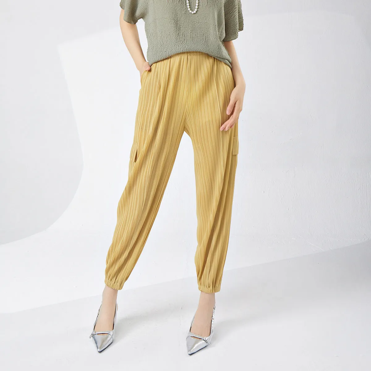 2025 Shenzhen Nanyou women's clothing pleated pants elastic waist loose and thin nine-point leggings versatile Sanzhai casual pants