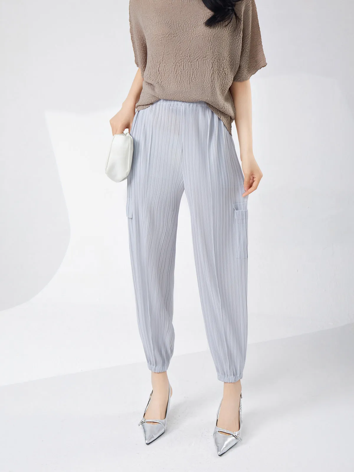 2025 Shenzhen Nanyou women's clothing pleated pants elastic waist loose and thin nine-point leggings versatile Sanzhai casual pants