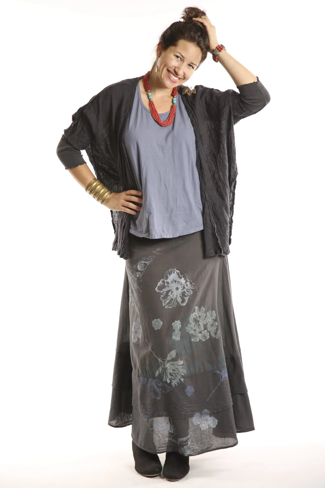 5253-Linen Crinkle Swing Cardi Black-U