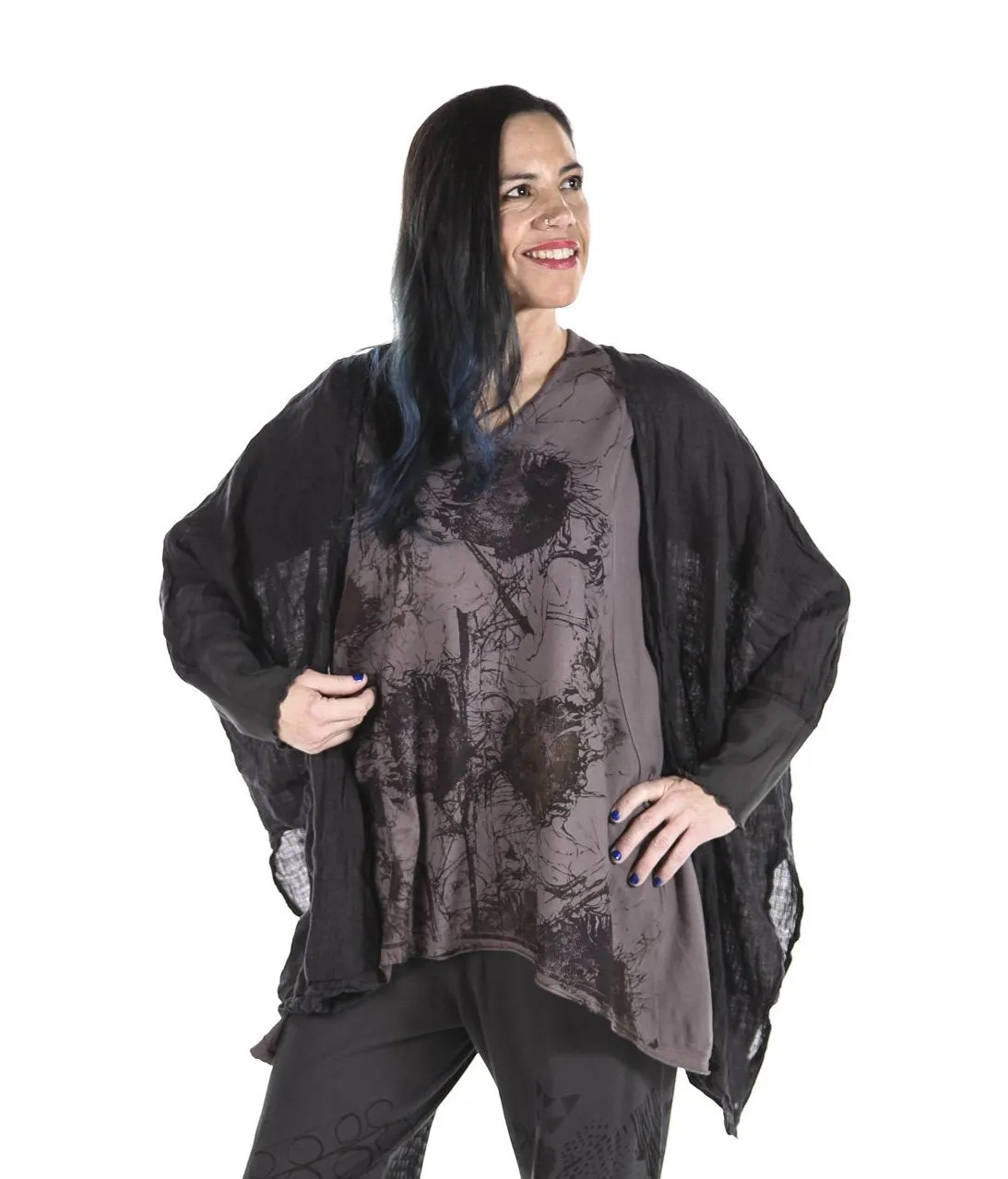 5253-Linen Crinkle Swing Cardi Black-U