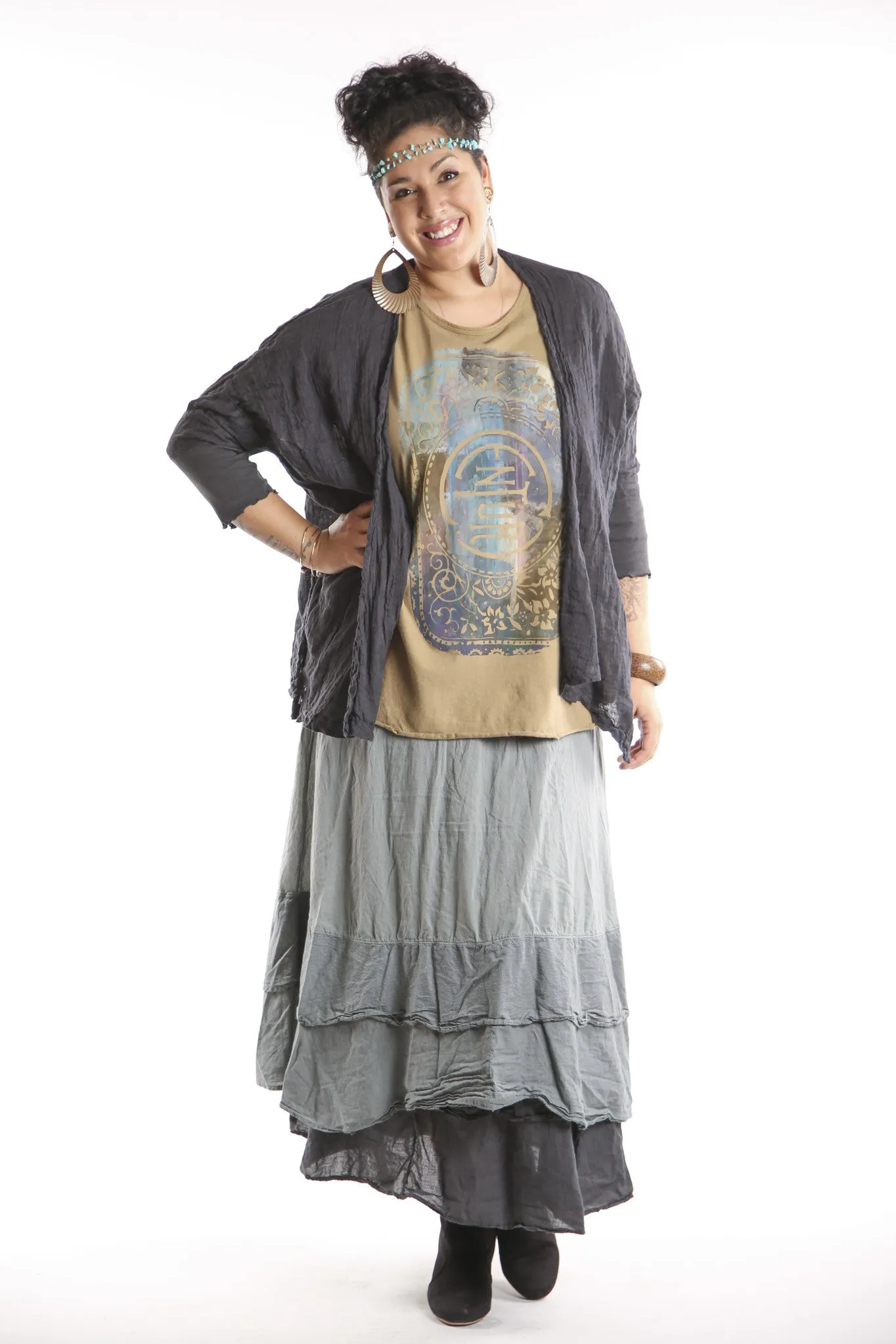 5253-Linen Crinkle Swing Cardi Black-U