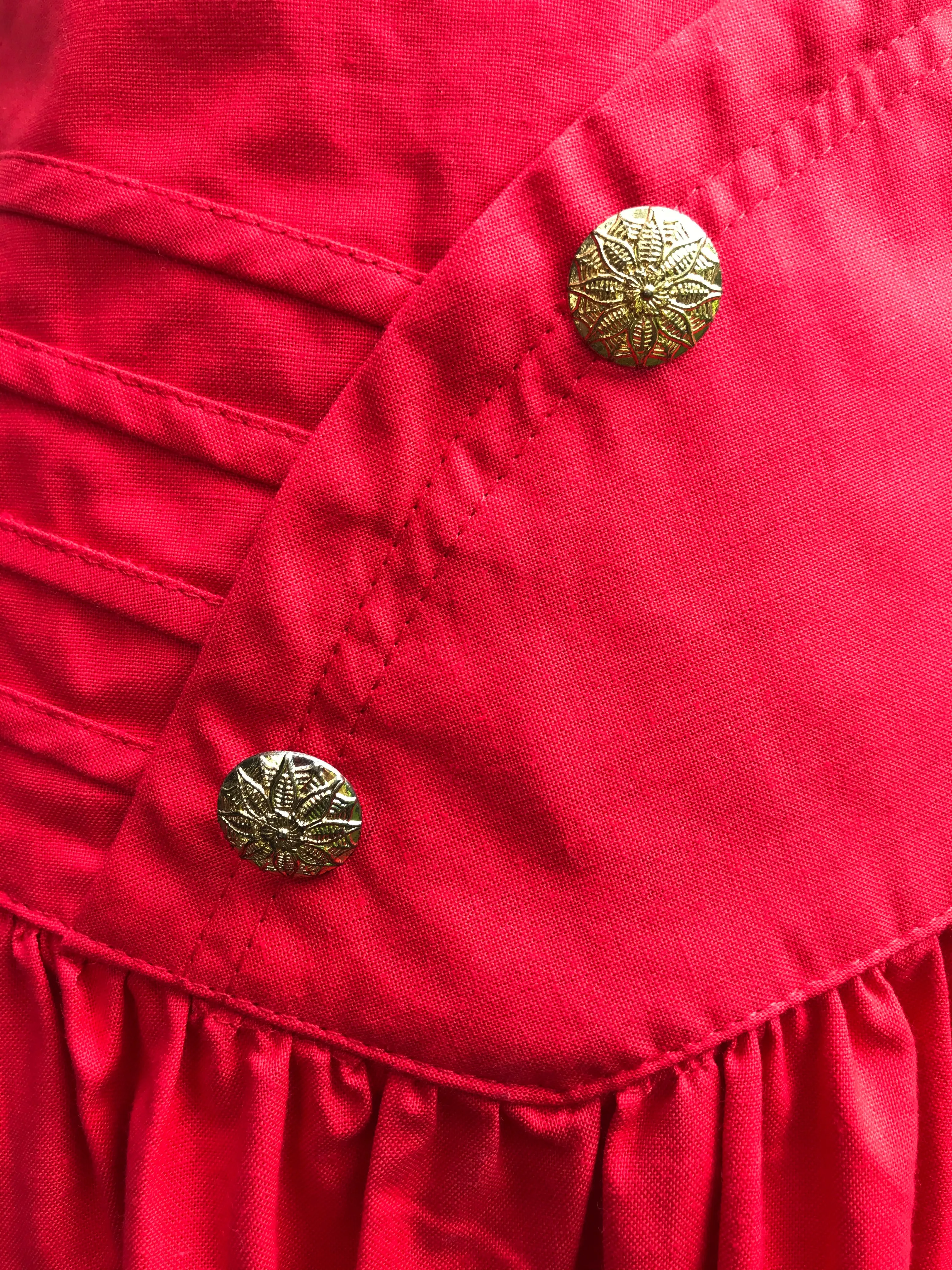 80s Red Gold Buttons Flare Skirt