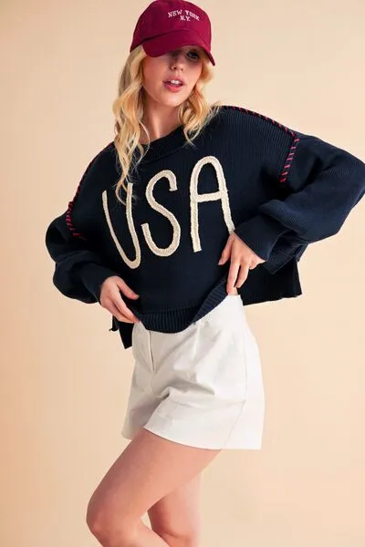Aemi   Co USA Side Slit Round Neck Sweater