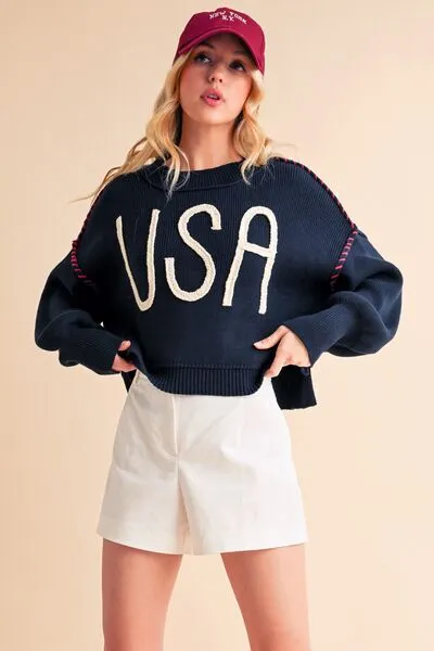 Aemi   Co USA Side Slit Round Neck Sweater