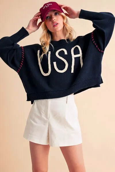 Aemi   Co USA Side Slit Round Neck Sweater
