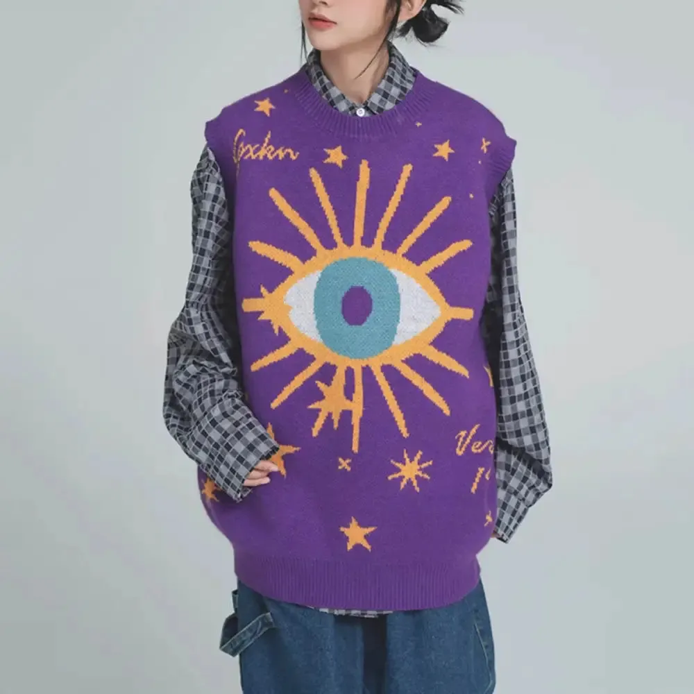Aesthetic Y2K Knitted Vest with All-Seeing Eye Print