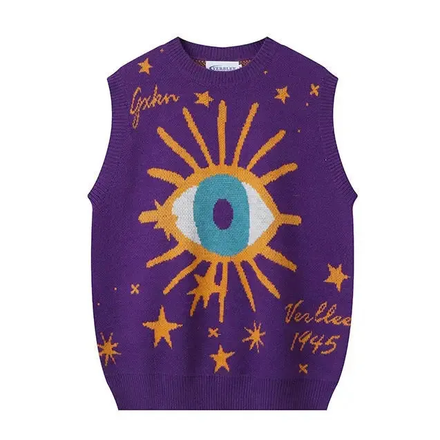 Aesthetic Y2K Knitted Vest with All-Seeing Eye Print