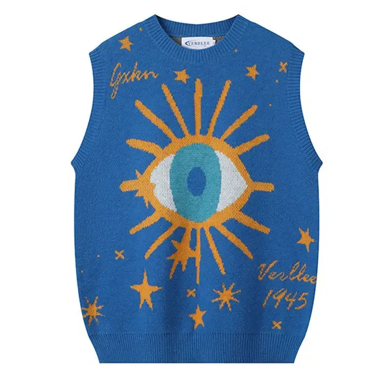 Aesthetic Y2K Knitted Vest with All-Seeing Eye Print