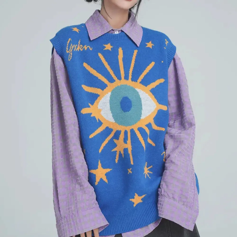 Aesthetic Y2K Knitted Vest with All-Seeing Eye Print