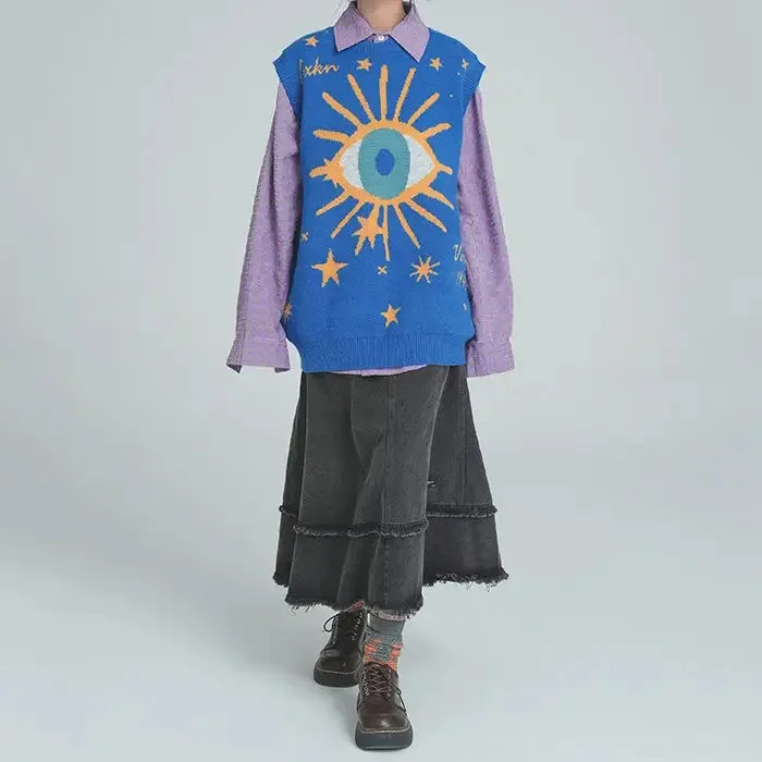 Aesthetic Y2K Knitted Vest with All-Seeing Eye Print