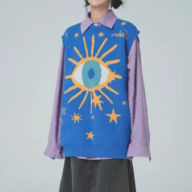 Aesthetic Y2K Knitted Vest with All-Seeing Eye Print