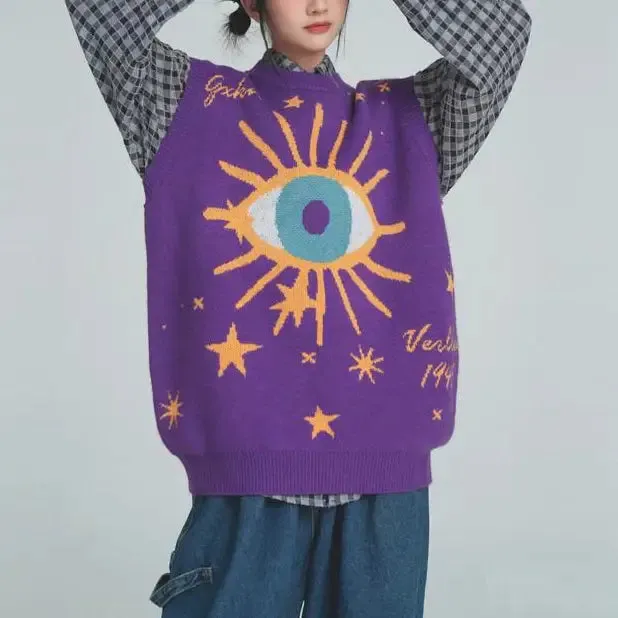 Aesthetic Y2K Knitted Vest with All-Seeing Eye Print
