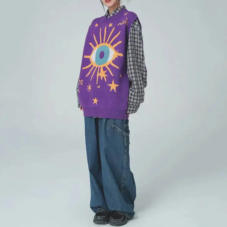 Aesthetic Y2K Knitted Vest with All-Seeing Eye Print