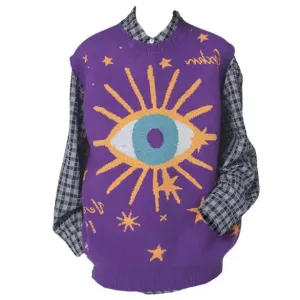 Aesthetic Y2K Knitted Vest with All-Seeing Eye Print