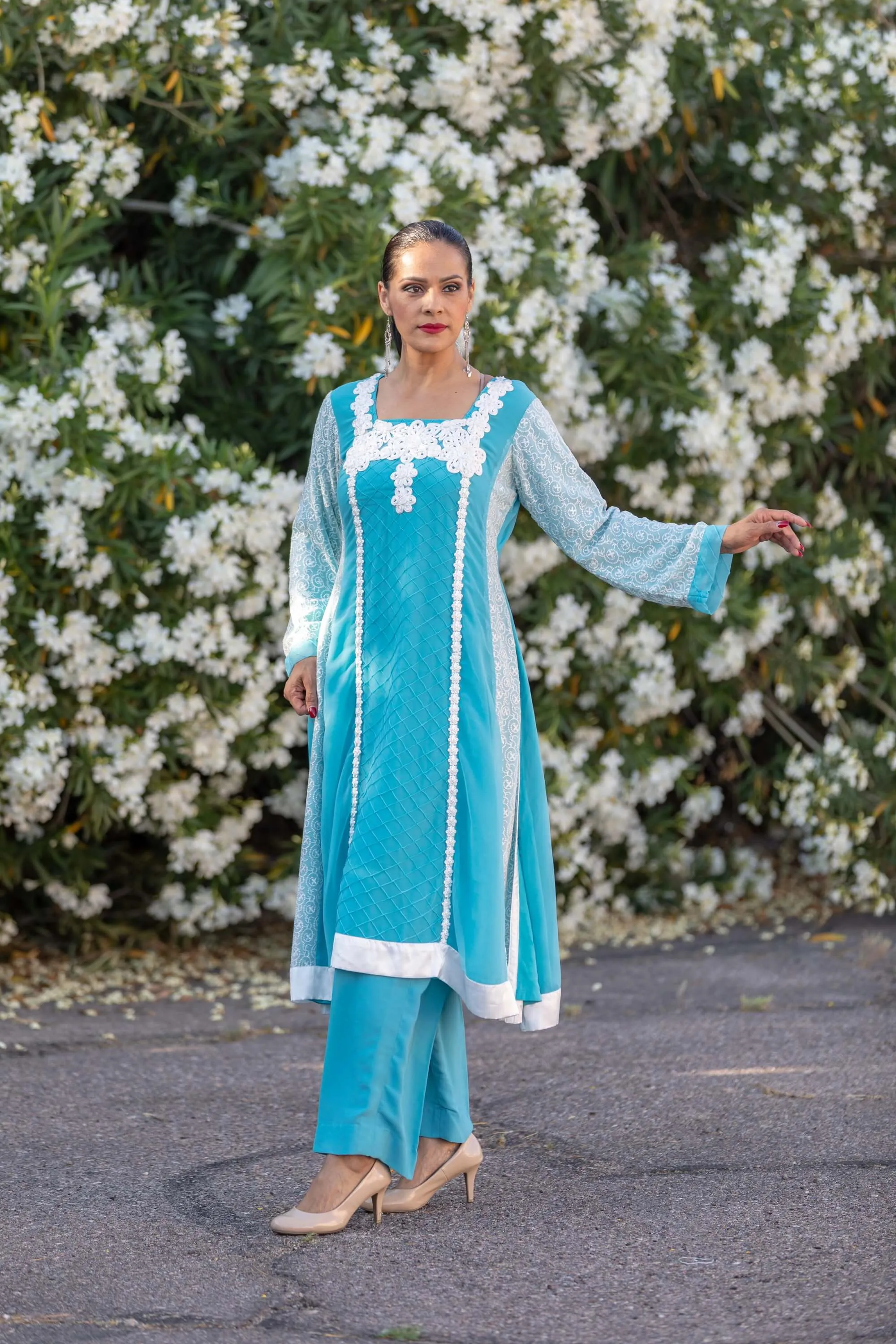 Aqua Blue Chiffon Suit With Silky Pants
