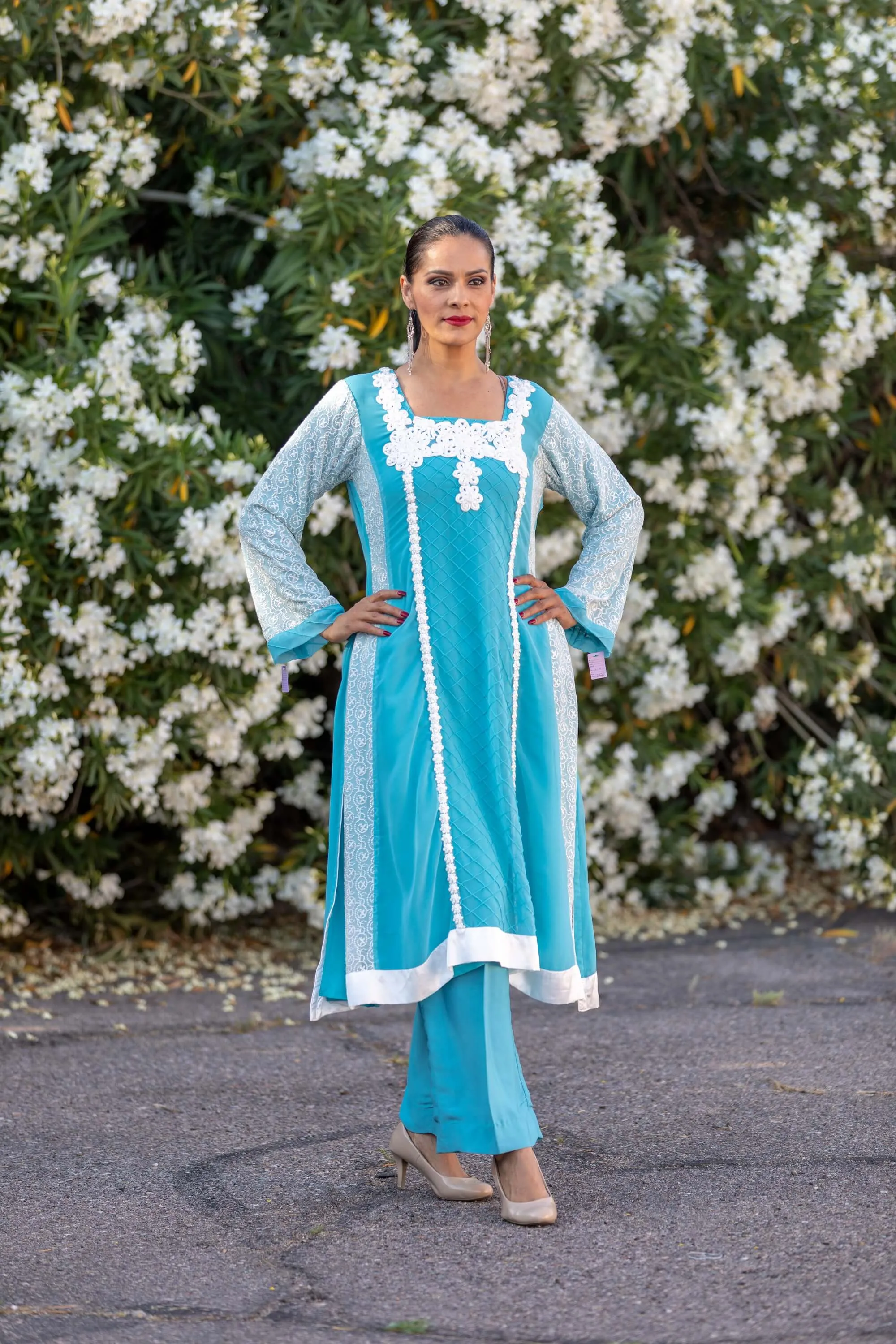 Aqua Blue Chiffon Suit With Silky Pants