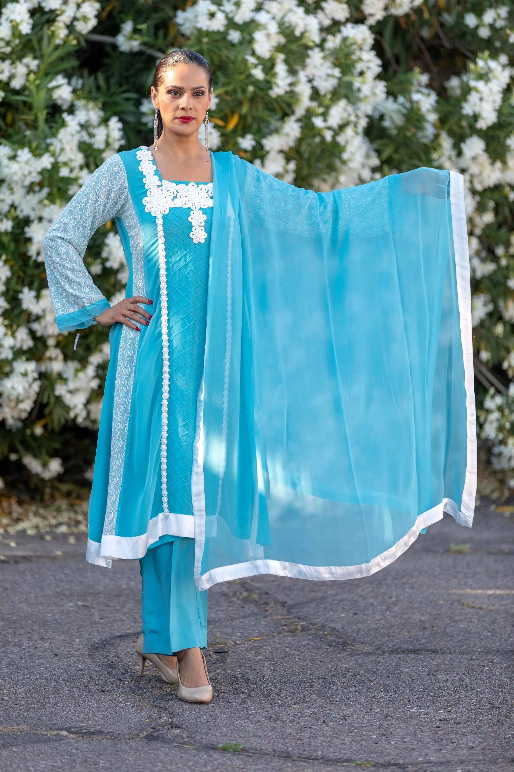 Aqua Blue Chiffon Suit With Silky Pants