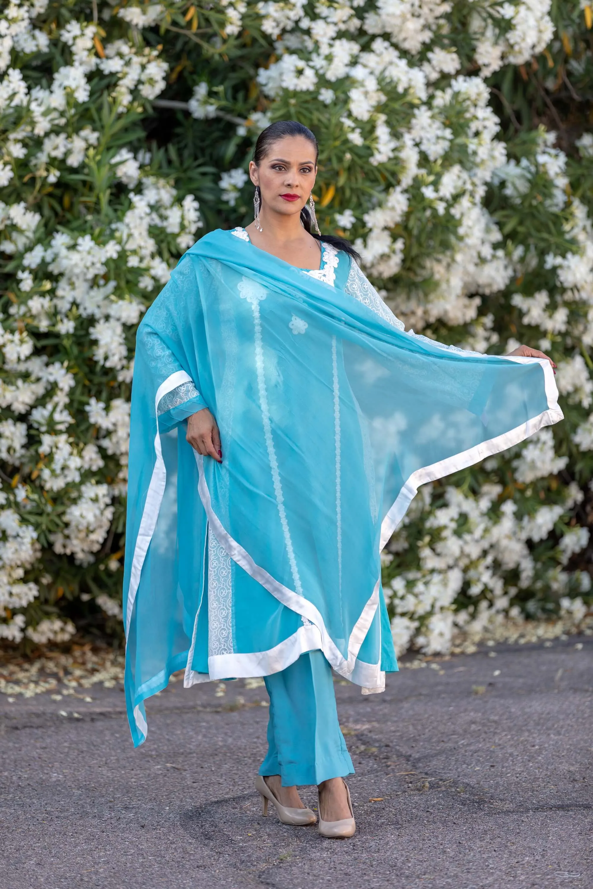 Aqua Blue Chiffon Suit With Silky Pants