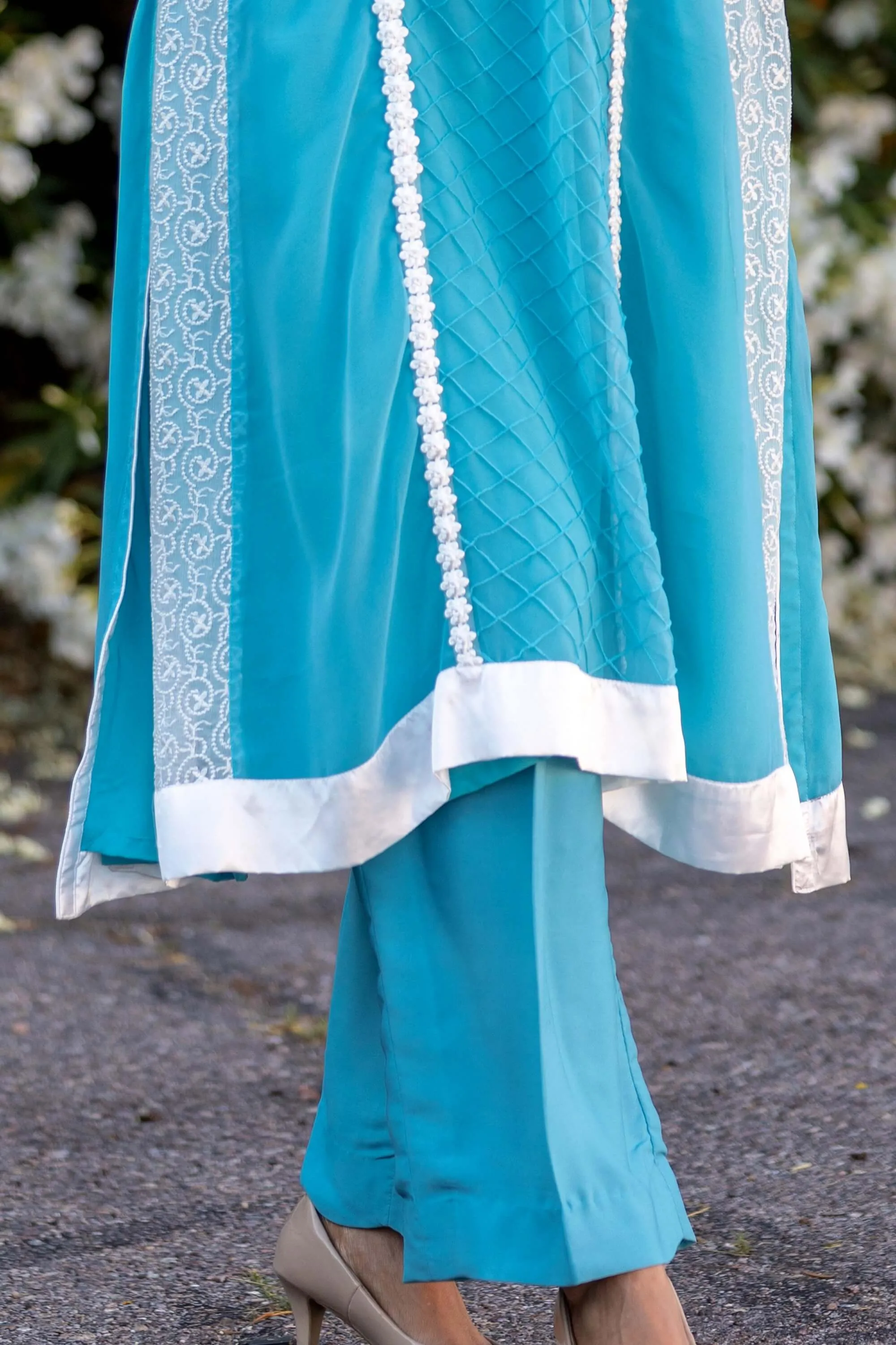 Aqua Blue Chiffon Suit With Silky Pants