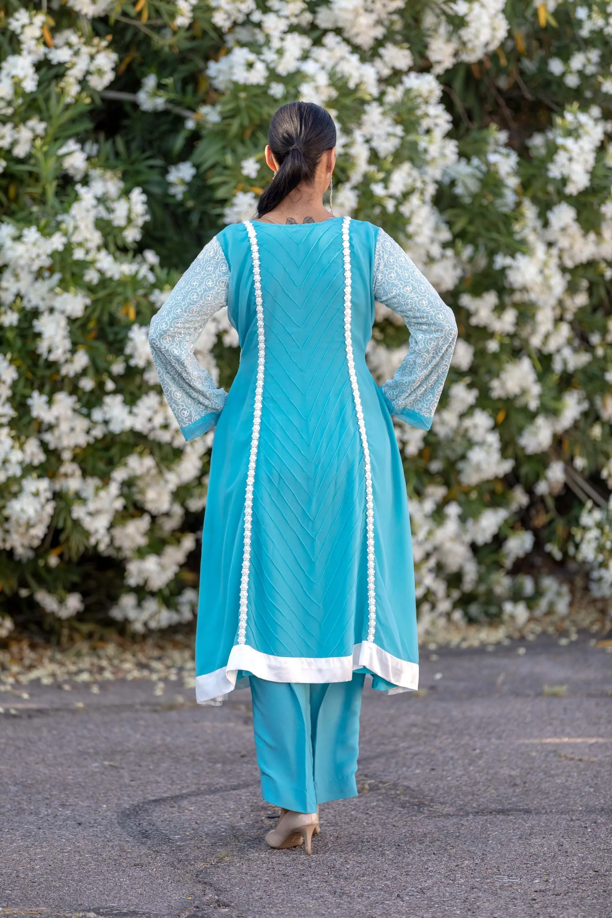 Aqua Blue Chiffon Suit With Silky Pants