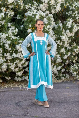 Aqua Blue Chiffon Suit With Silky Pants