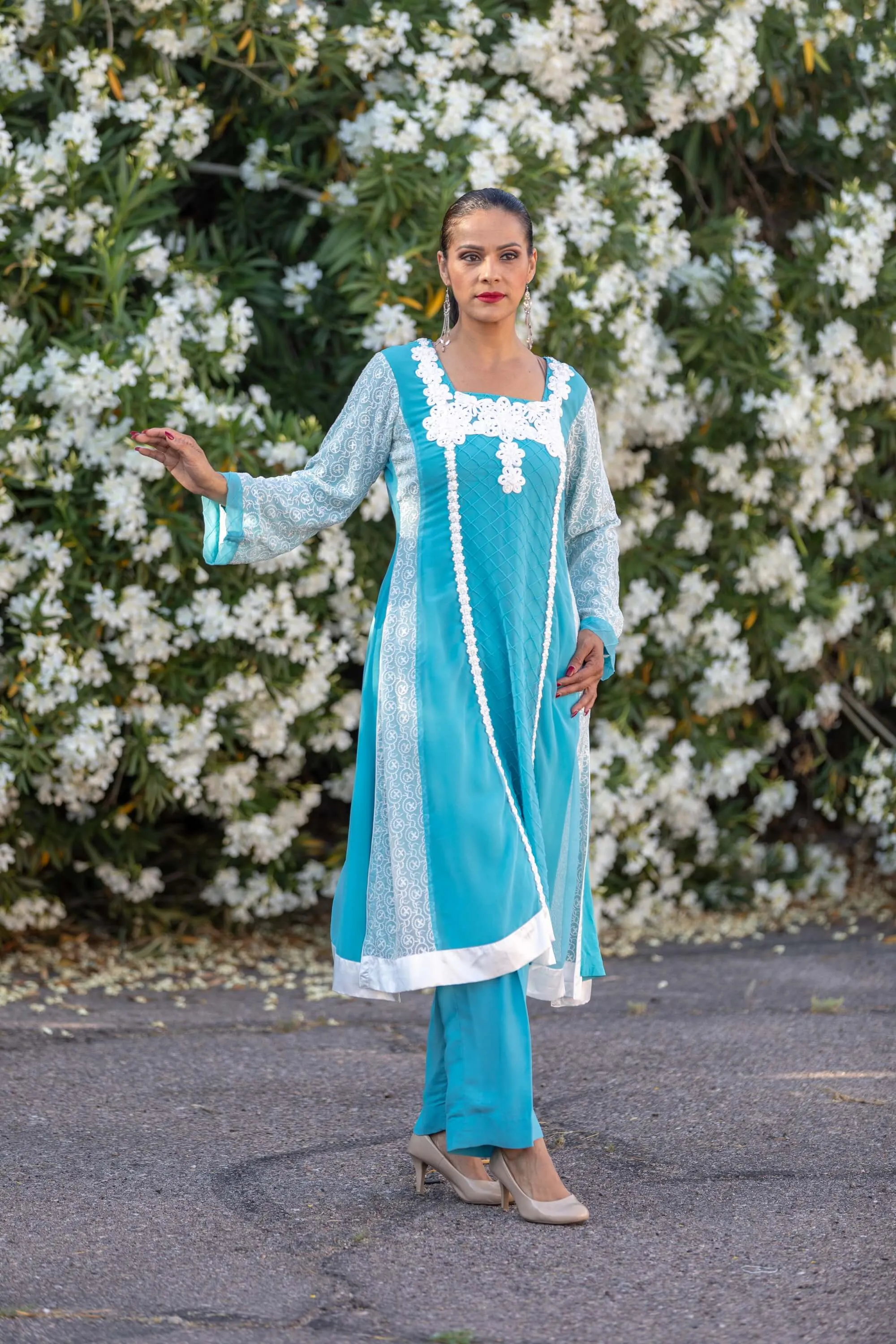 Aqua Blue Chiffon Suit With Silky Pants