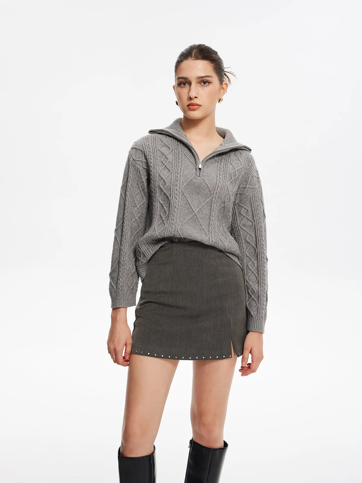 Beaded Trim Side-Zipper Mini Skirt
