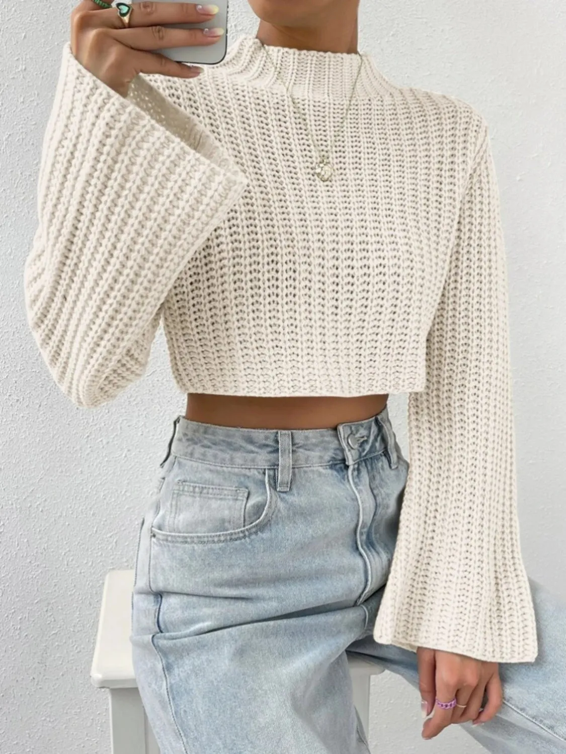 BerryBetty - Mock Neck Long Sleeve Cropped Sweater