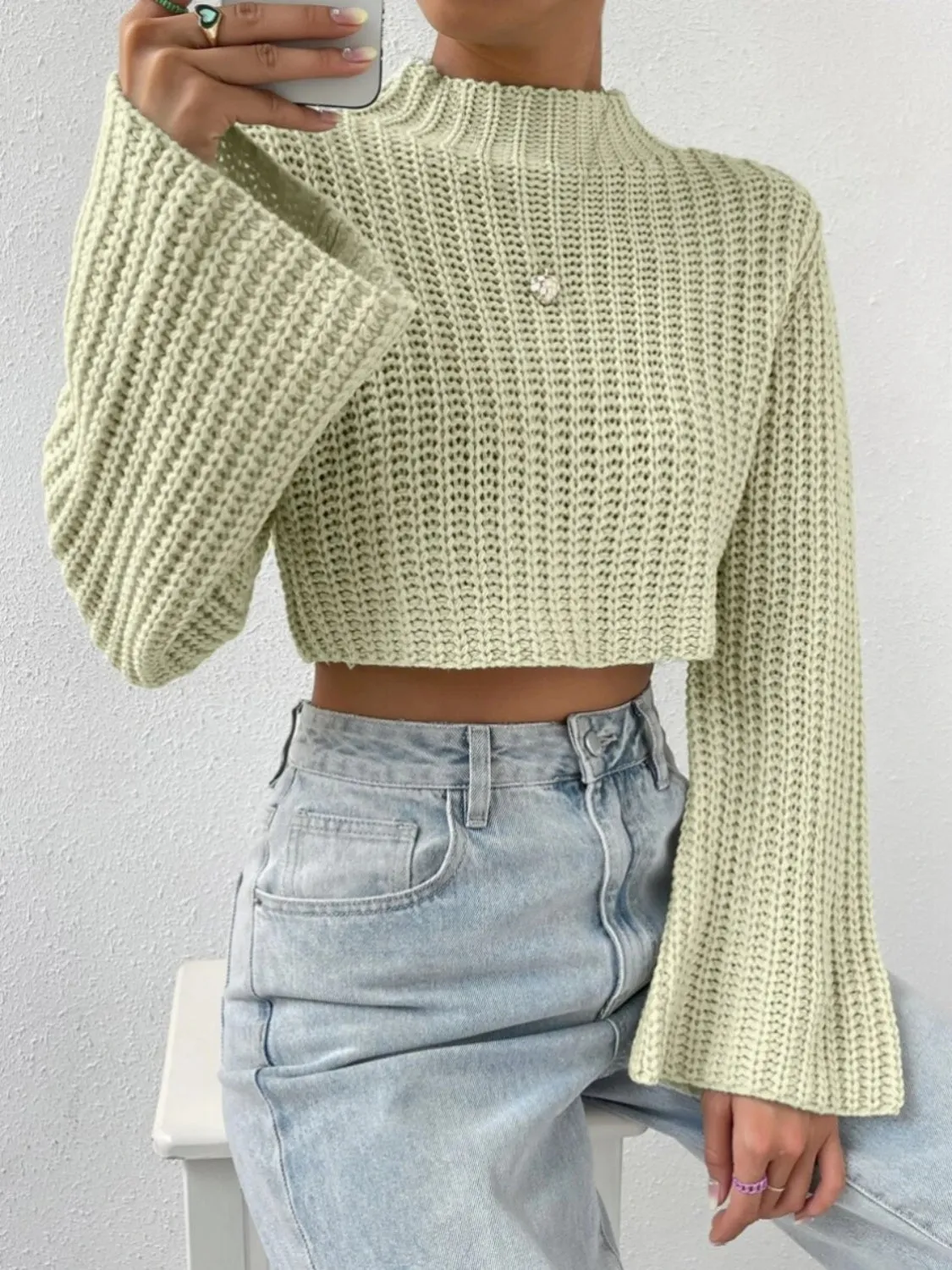 BerryBetty - Mock Neck Long Sleeve Cropped Sweater
