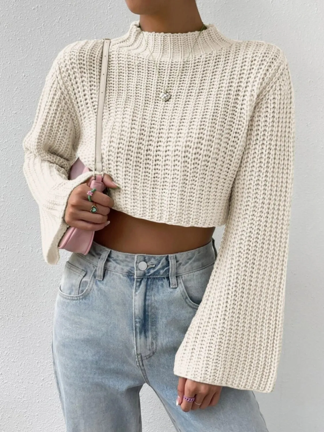 BerryBetty - Mock Neck Long Sleeve Cropped Sweater