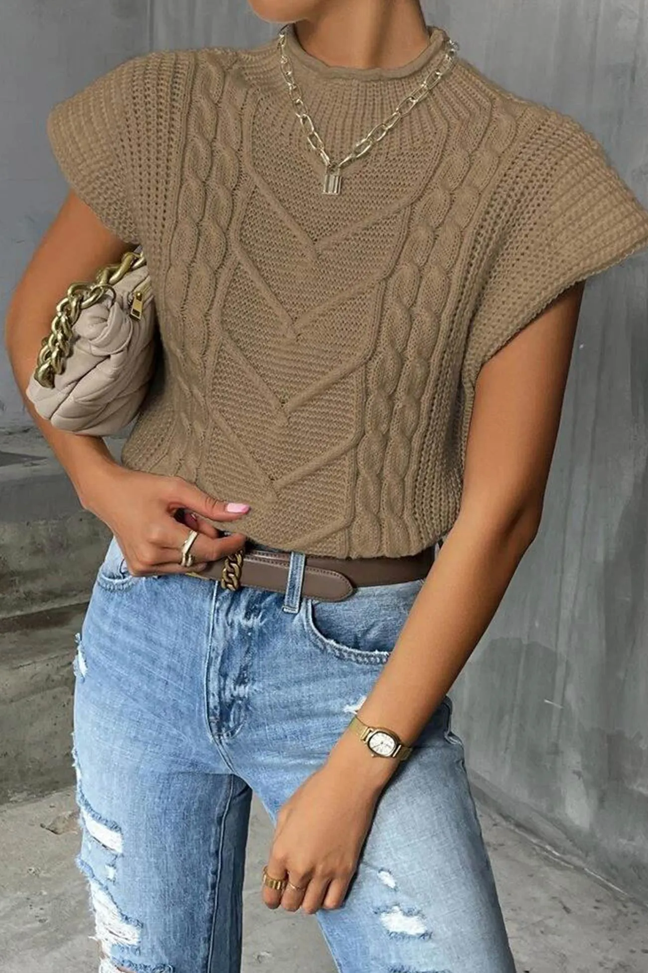 BerryBetty - Turtleneck Cable Knit Sweater Vest