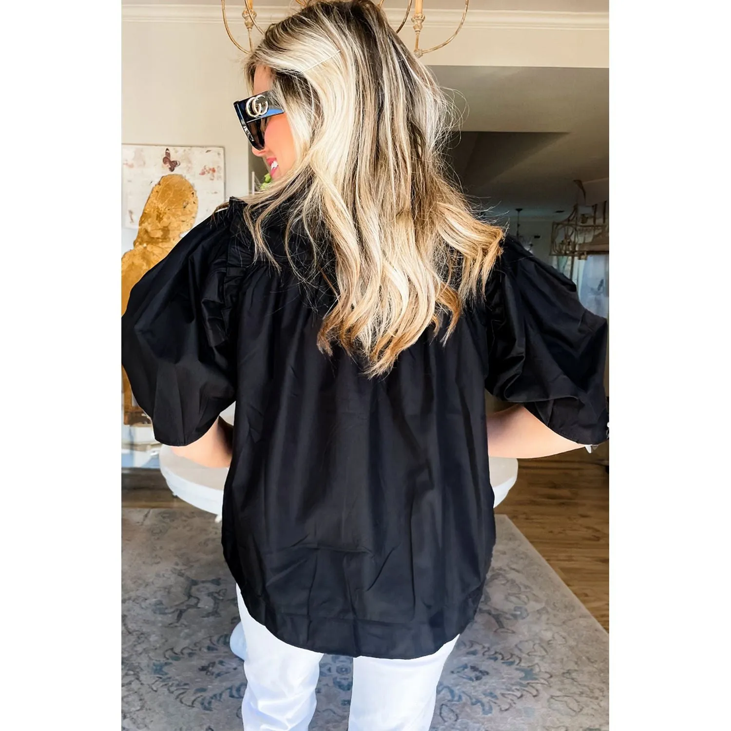 Black Puff Sleeve Loose Buttoned Up Blouse