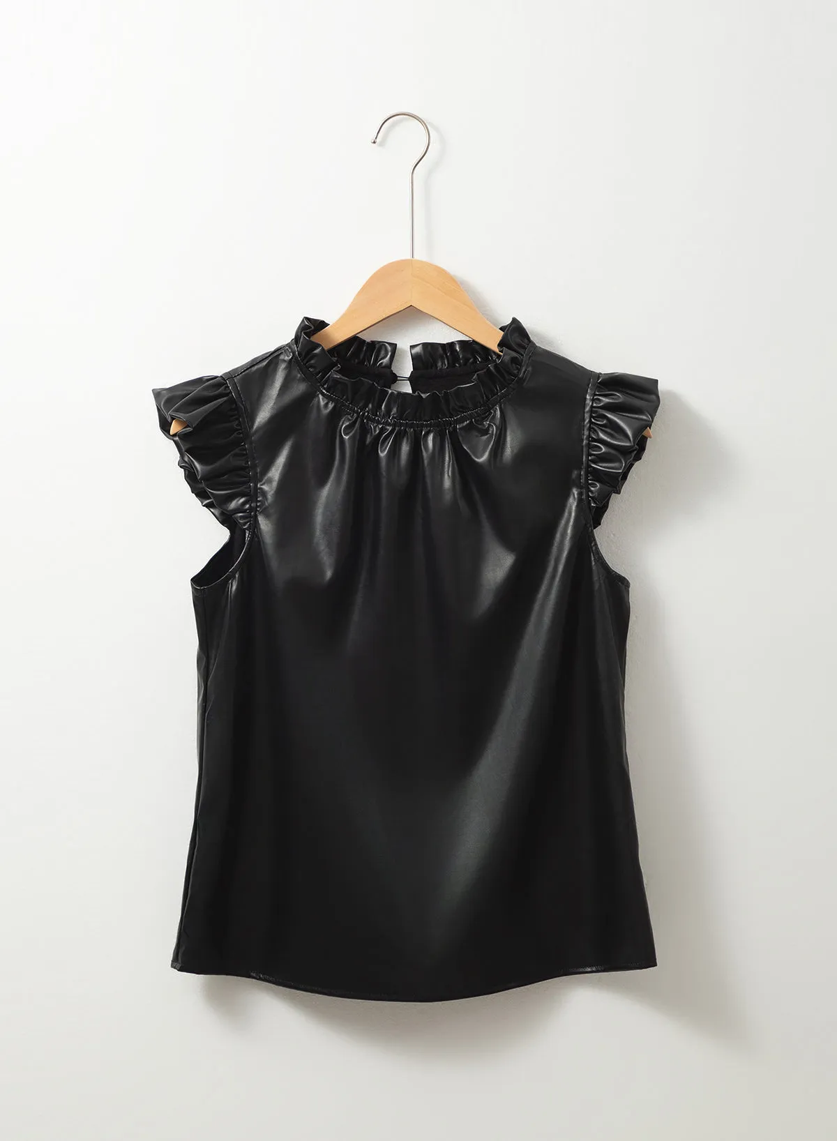 Black Solid Color Leather Frill Neck Ruffle Blouse