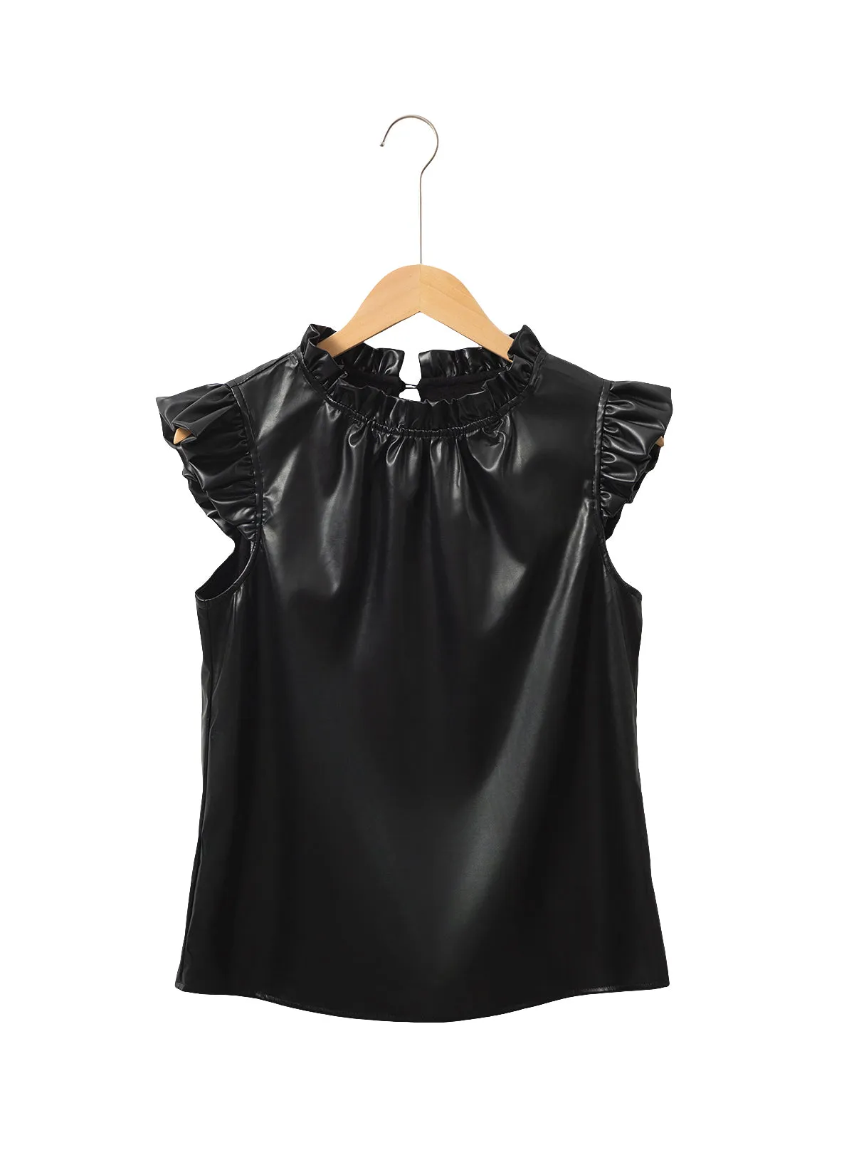 Black Solid Color Leather Frill Neck Ruffle Blouse