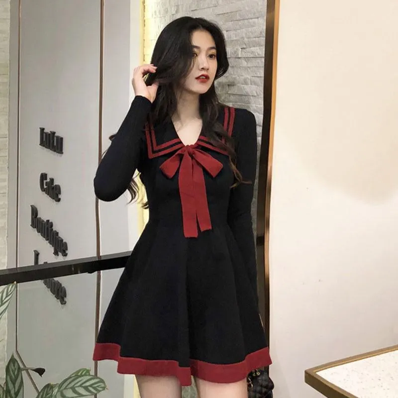 BLACK/WHITE CUTE BOW KNITTED DRESS UB2673