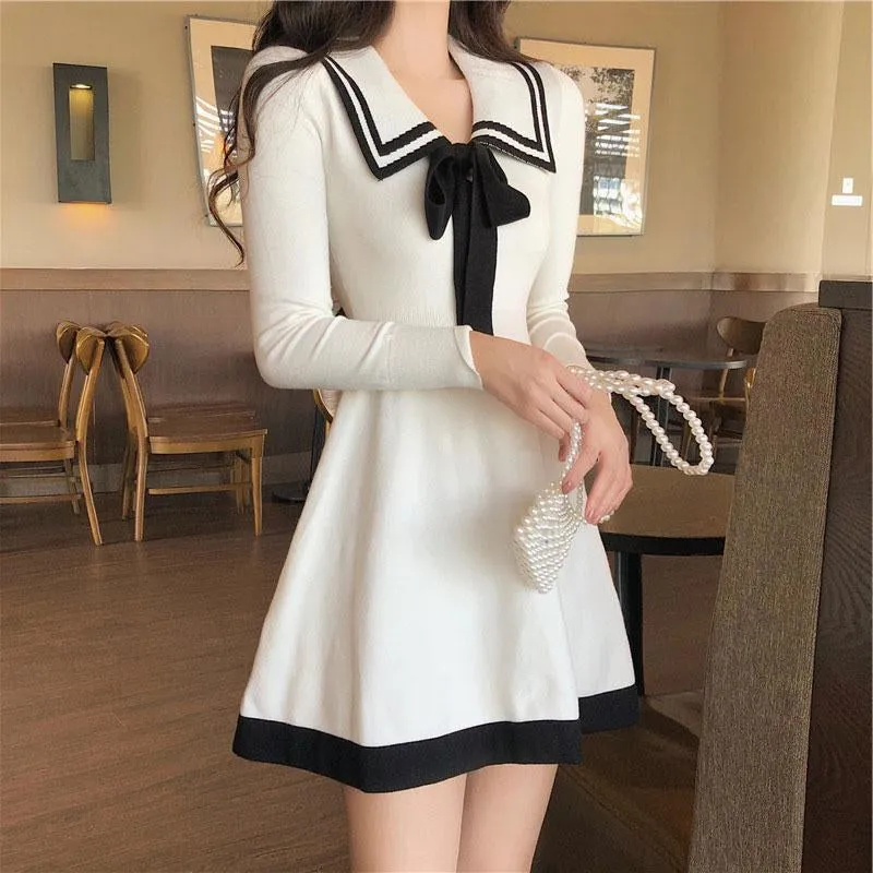BLACK/WHITE CUTE BOW KNITTED DRESS UB2673