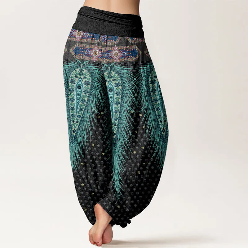 Buddha Stones Bohemian-inspired Feathers Design Women's Elastic Waist Harem Pants