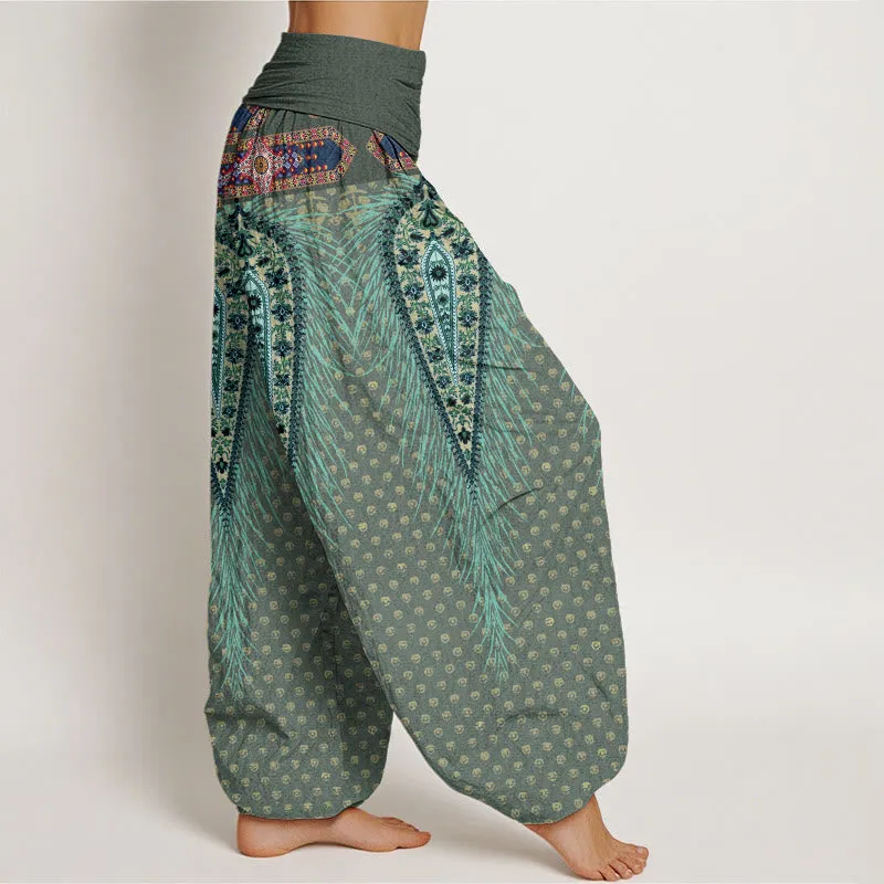 Buddha Stones Bohemian-inspired Feathers Design Women's Elastic Waist Harem Pants