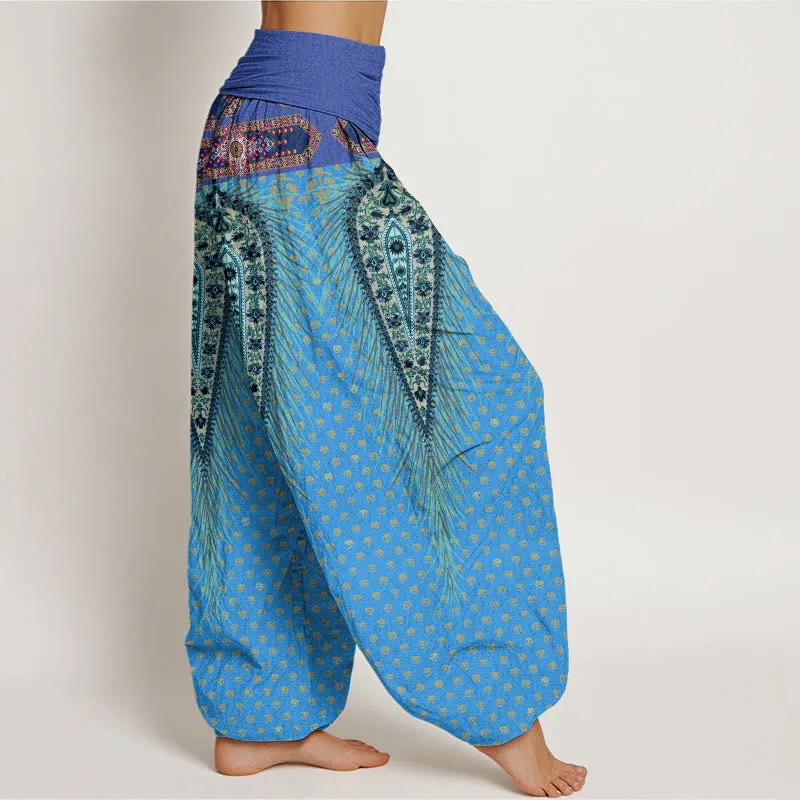Buddha Stones Bohemian-inspired Feathers Design Women's Elastic Waist Harem Pants