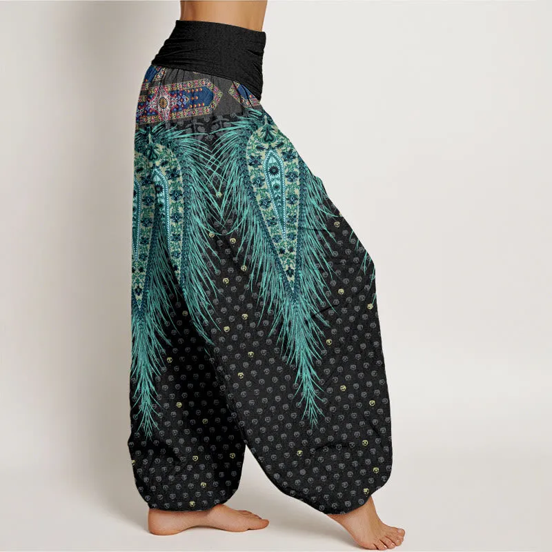 Buddha Stones Bohemian-inspired Feathers Design Women's Elastic Waist Harem Pants