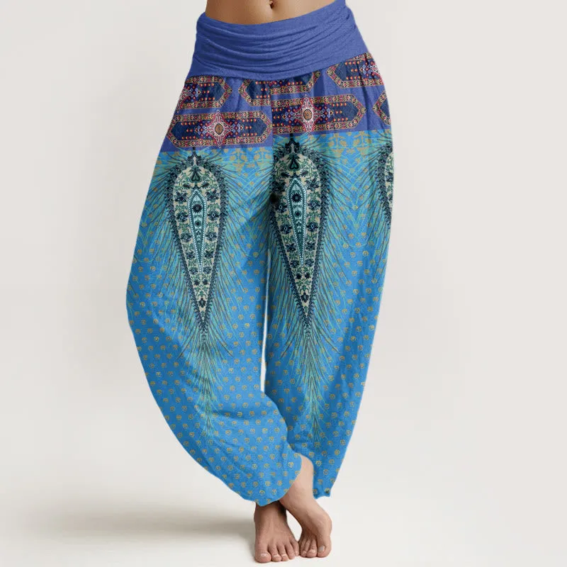 Buddha Stones Bohemian-inspired Feathers Design Women's Elastic Waist Harem Pants