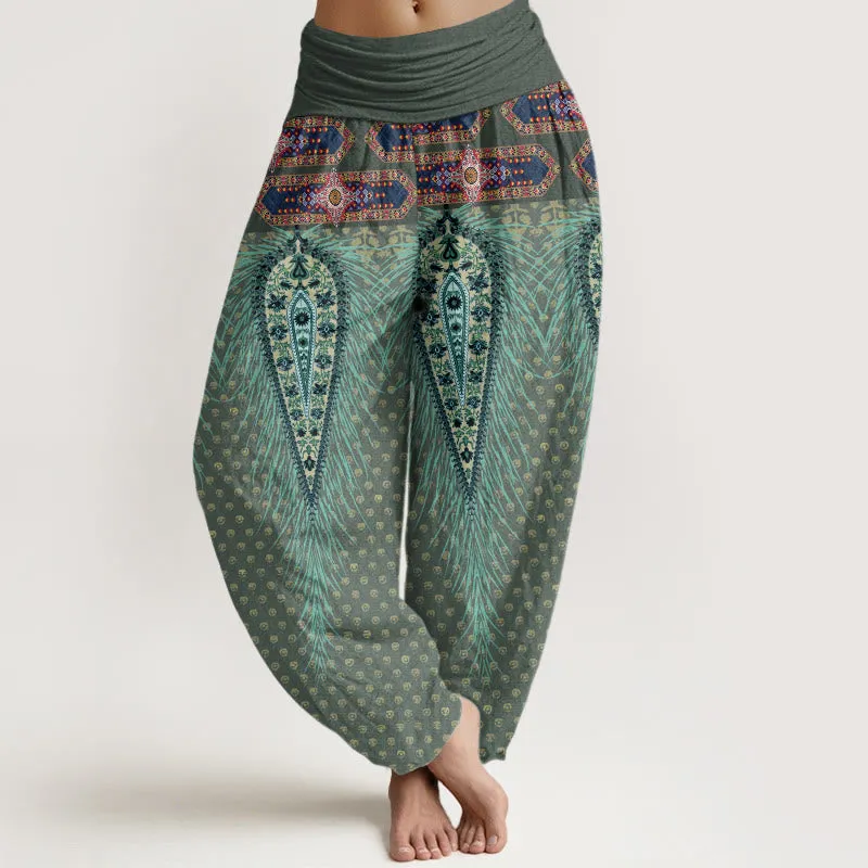 Buddha Stones Bohemian-inspired Feathers Design Women's Elastic Waist Harem Pants