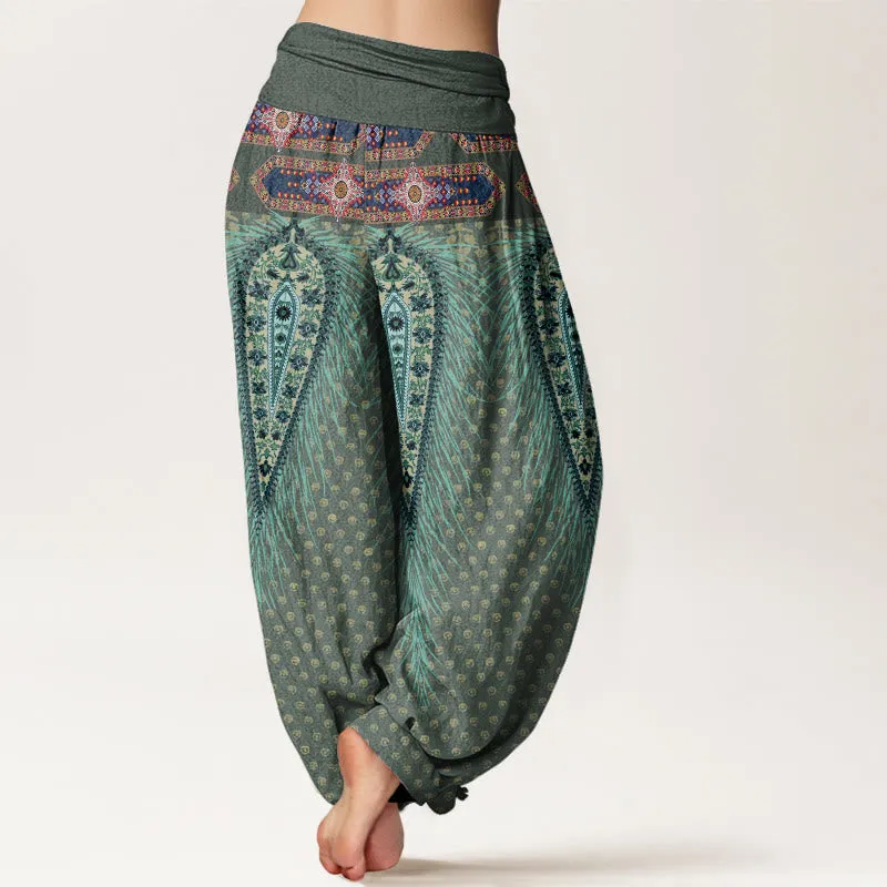 Buddha Stones Bohemian-inspired Feathers Design Women's Elastic Waist Harem Pants