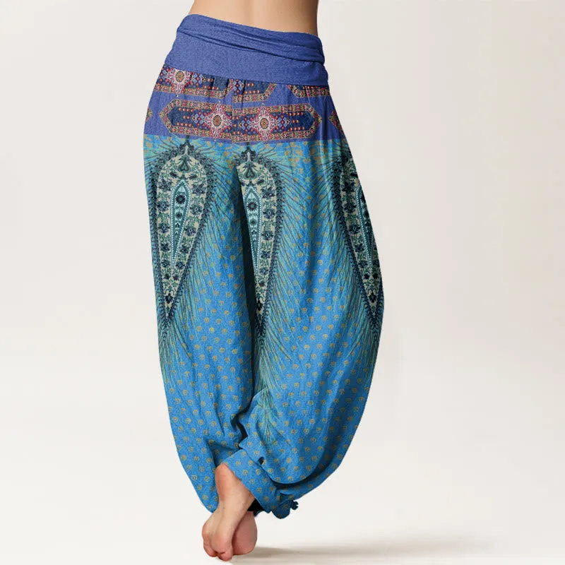 Buddha Stones Bohemian-inspired Feathers Design Women's Elastic Waist Harem Pants
