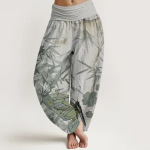 Buddha Stones Butterfly Bamboo Flower Pattern Women's Elastic Waist Harem Pants