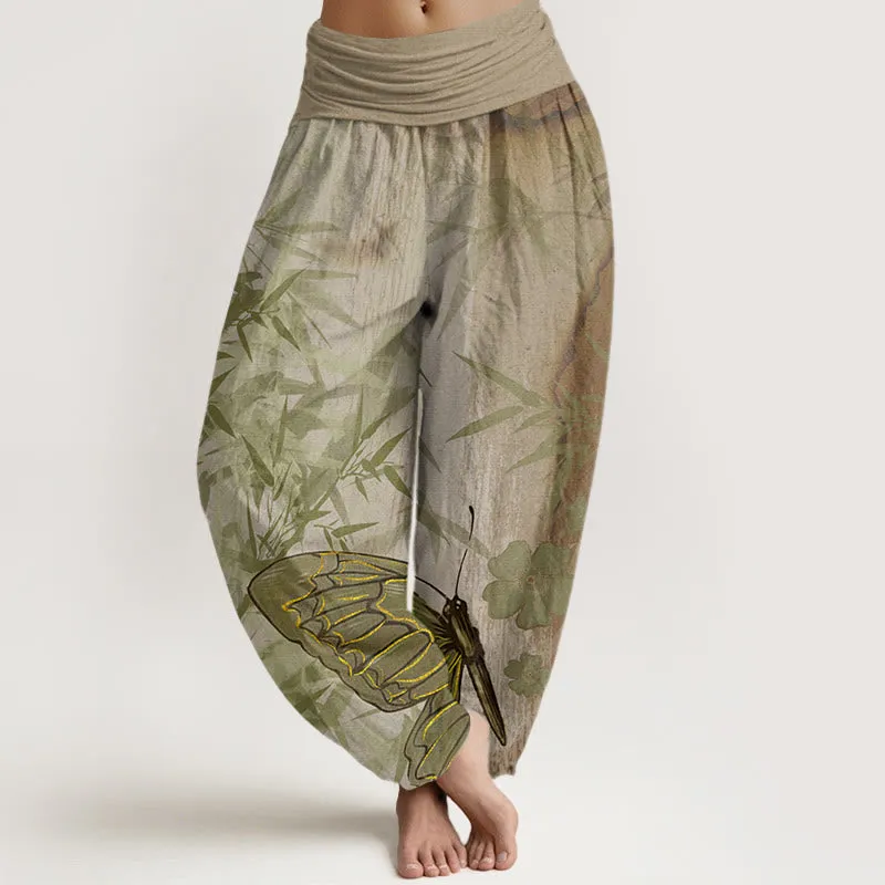 Buddha Stones Butterfly Bamboo Flower Pattern Women's Elastic Waist Harem Pants