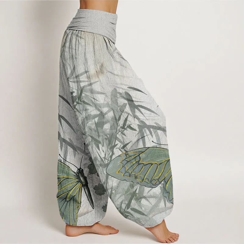 Buddha Stones Butterfly Bamboo Flower Pattern Women's Elastic Waist Harem Pants