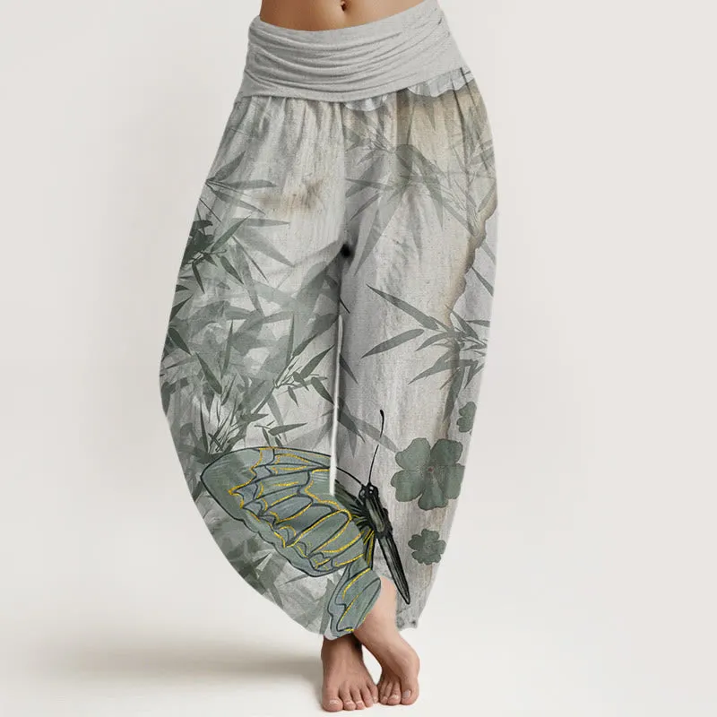 Buddha Stones Butterfly Bamboo Flower Pattern Women's Elastic Waist Harem Pants