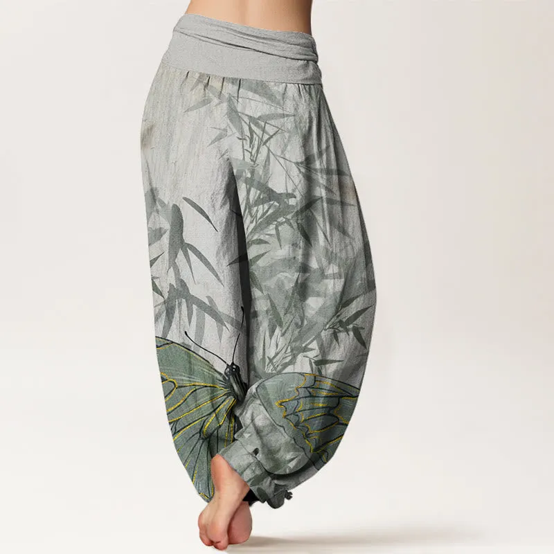Buddha Stones Butterfly Bamboo Flower Pattern Women's Elastic Waist Harem Pants